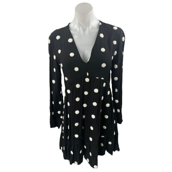 Zara Black Embroidered Polka Dot V-Neck Long Sleeve Mini A-Line Dress Size XS - Picture 1 of 4
